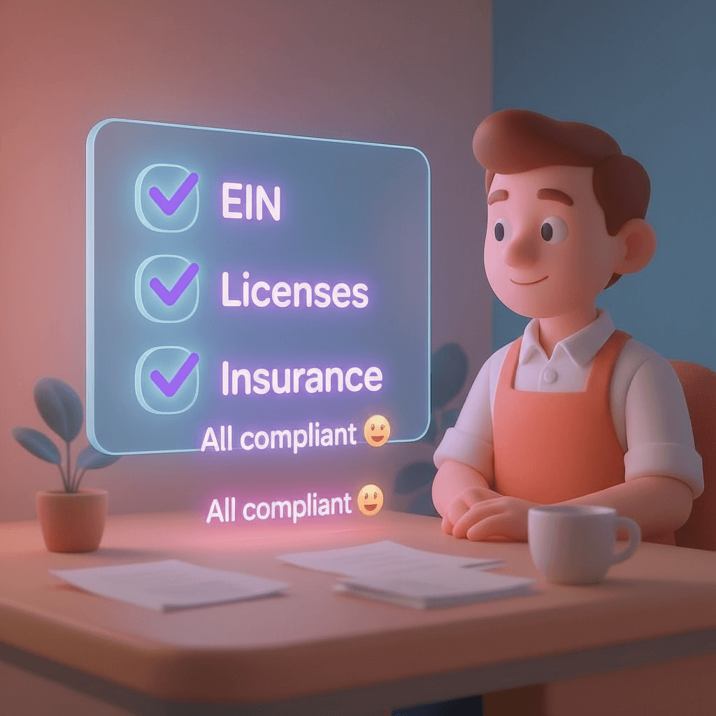 Compliance dashboard showing EIN, licenses, and insurance all marked as compliant