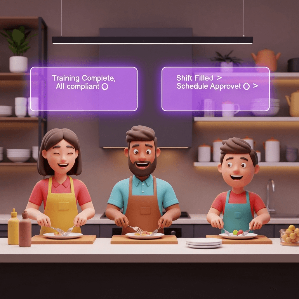 Restaurant team collaborating with CulinaryHR platform showing training completion and shift scheduling